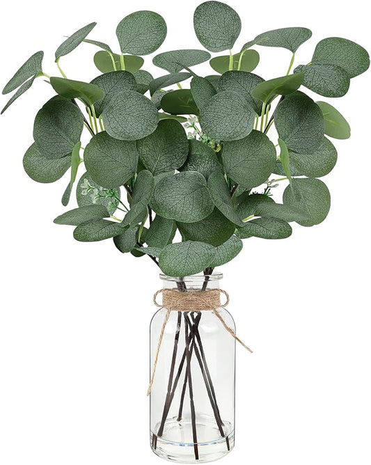 Artificial Eucalyptus Stems in Glass Vase 14" 6Pcs Faux Eucalyptus Branches Home Table Decor Fake Greenery Plants Stems for Farmhouse Wedding Centerpiece Bathroom Decorations