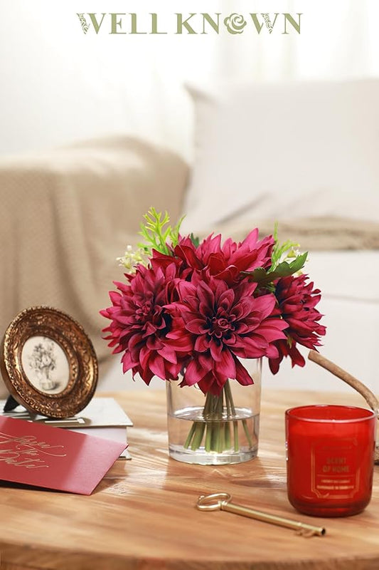 WELL KNOWN Dahlia Artificial Flowers in Vase, Silk Faux Flower Arrangements in Vase with Faux Water for Dining Table Centerpieces, Home Decor, Thanksgiving Christmas Greeting Gift (Fuchsia Red)