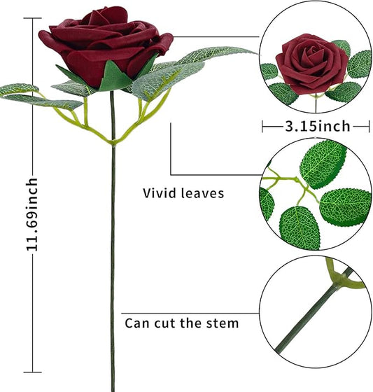 [25PCS] Vermillion Roses Artificial Flowers with Long Stem Real Touch Fake Foam Roses for DIY Wedding Bouquets Centerpieces Bridal Shower Mothers Day Party Flower Arrangements Home Decor