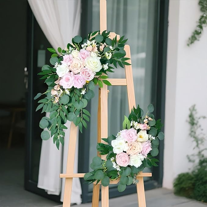 Artificial Wedding Arch Flowers (Pack of 2), White Wedding Flowers for Wedding Welcome Ceremony Sign, Faux Floral Swags, Banquet and Reception Backdrop Floral Decoration (White & Pink)