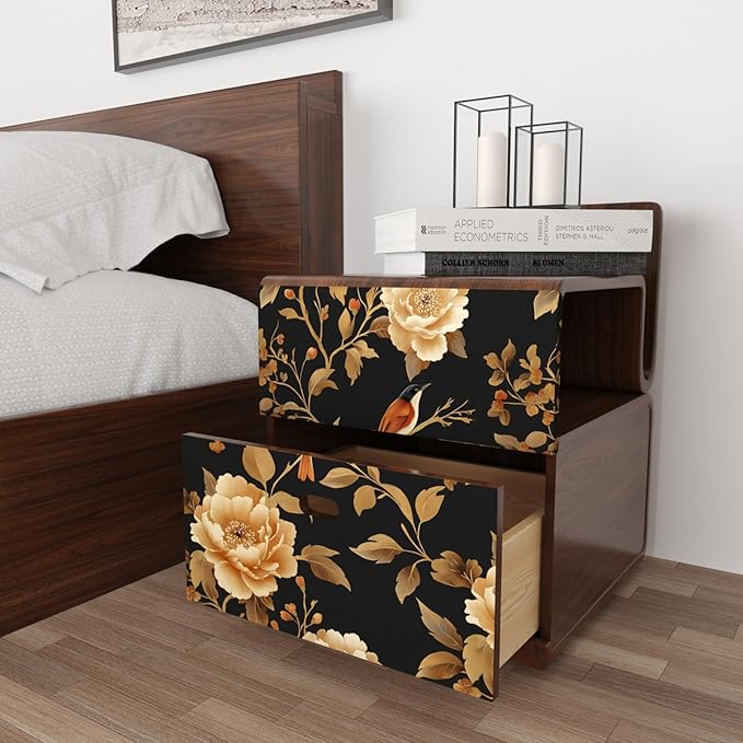 Vintage Floral Bird Wallpaper Peel and Stick Boho Wallpaper 17.5in x393in Black/Golden Floral Wall Mural Waterproof Self-Adhesive Modern Wall Paper for Bedroom Kitchen Cabinet Drawer Decor