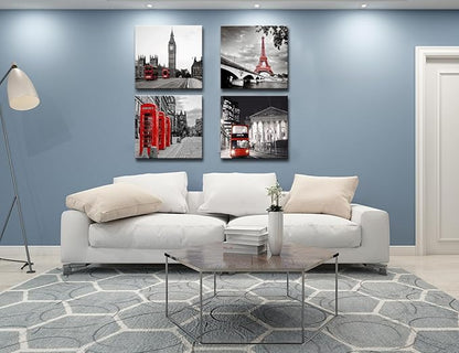 Black and White City Landscape Wall Art for Bedroom Red Street Scenery Canvas Decor for Bathroom Paris Eiffel Tower Pictures Prints London Big Ben Artwork Poster for Living Room Office Decoration