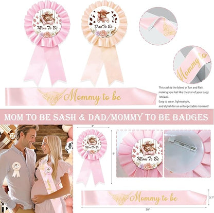 Highland Cow Baby Shower Decorations Girls, 129 PCs – Holy Cow Baby Shower Party Supplies with Floral Backdrop, Balloon Garland, It’s a Girl Cake Topper, Mommy To Be Sash, Headband
