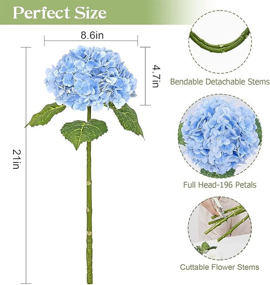 Waipfaru 21" Real Touch Blue Hydrangea Artificial Flowers with Long Stem & Leaves, Full Latex Faux Hydrangea Flowers for Home Decor Party Floral Arrangements Wedding Bouquets Centerpieces, 4Pcs