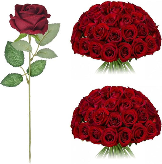 200 Pack Silk Roses Flowers - Artificial Burgundy Fake Flowers with 50cm Stems for Wedding Decor, 3.7in(7cm) Silk-Like Velvet Flower Heads for Wedding, Vintage Decor (200, Burgundy)