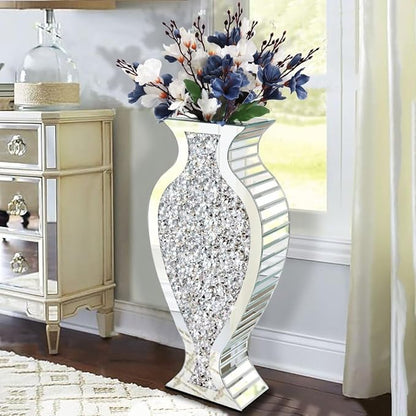 Tall Floor Vase S Crushed Diamond Mirrored Vase 27” Tall, Crystal Silver Glass Decorative Mirror Large Vase Luxury for Home Decor Flower Arrangement Can’t Hold Water.