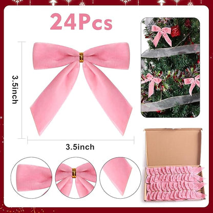 24 Pcs Pink Small Velvet Christmas Bows for Christmas Tree, Wreath, Gift Wrapping, Crafts, Wedding, Party, Twist Tie Bows for Treat Bag Bakery Candy Bags, Home Decor 1" W,3.5 x 3.5 inch