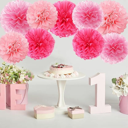Hot Pink Paper Flowers Tissue Pom Poms Honeycomb Lanterns 15pcs Party Decorations for Birthday Bachelorette Women Girls Night Baby Shower Bridal Wedding Valentine Hanging Supplies Mprocherify