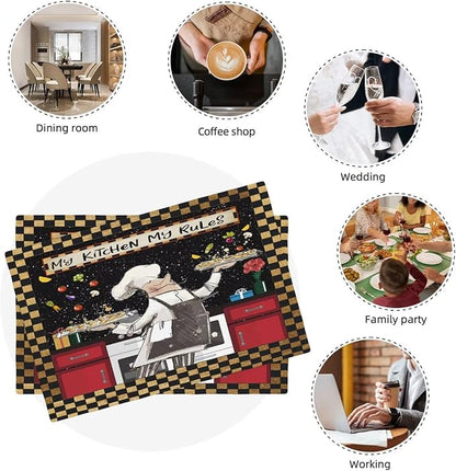 Fat Chef Kitchen Linen Placemats Set of 6 Funny Cooking Theme Placemats for Indoor Outdoor Party Home Desktop Dining Room Decor 12x18 Inch