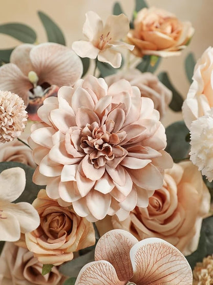 Artificial Flowers Set Champagne Coffee Silk Fake Flowers with Stems for DIY Wedding Bridal Bouquets Cake Arch Floral Arrangement Table Centerpieces Baby Shower Party Home Decorations