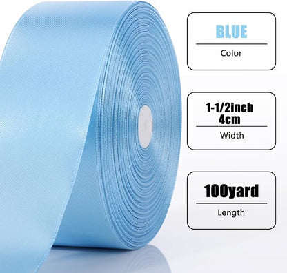 NESCCI 100 Yards Ribbon,1-1/2 Inch Sky Blue Satin Ribbon,Single Face Satin Ribbons,Perfect for Gift Wrapping,Wedding Decoration,Handmade Bows,Wrapping Bouquet and More