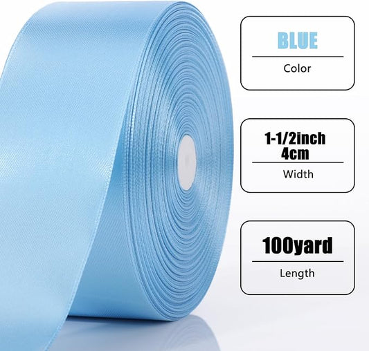 NESCCI 100 Yards Ribbon,1-1/2 Inch Sky Blue Satin Ribbon,Single Face Satin Ribbons,Perfect for Gift Wrapping,Wedding Decoration,Handmade Bows,Wrapping Bouquet and More
