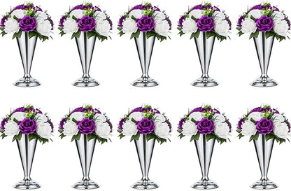 10 Pcs Tabletop Metal Wedding Flower Trumpet Vase, 9.8 inch Table Decorative Centerpiece Artificial Flower Arrangements for Anniversary Ceremony Party Birthday Event Aisle Home Decoration, Silver