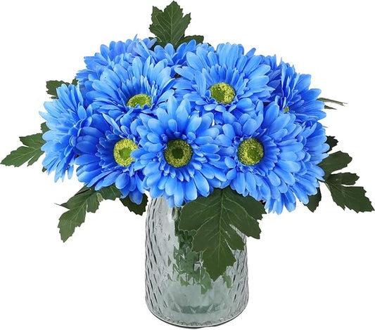 IPOPU 2 Bundles Artificial Gerbera Daisy Flowers 14 Heads Blue Fake Daisy with Stems Faux Silk Daisy Flowers for Wedding Bridal Bouquet Party Floral Arrangements Table Centerpiece Decor (Blue)
