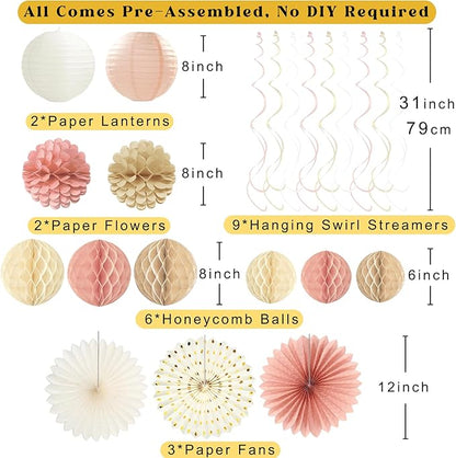 Boho Pink Happy Birthday Decorations, Pre-Strung Happy Birthday Banner with Honeycomb Balls, Paper Flowers, Lanterns, Fans, Hanging Swirls, Circle Dots Garland for Birthdays Party Decorations 24pcs