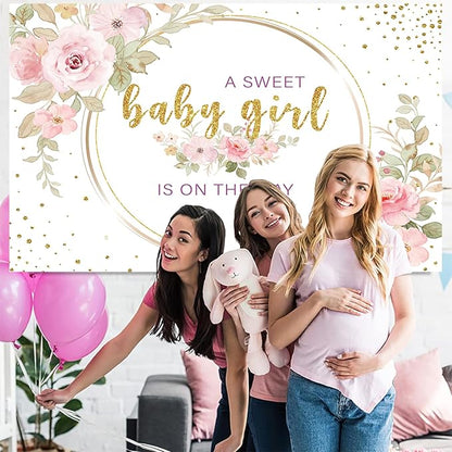 Sweet Baby Girl is On The Way Backdrop - 7x5ft Pink Floral Baby Shower Banner for Girl, Watercolor Gold Glitter Party Decorations, Gender Reveal Newborn Welcome Photo Booth Background