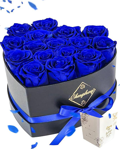 16 Flowers Forever Preserved Roses in Box, Forever Flowers Womens Birthday Gifts for Women Mothers Blue Rose Gift for Her Romantic Eternal Real Rose for Women Mom Wife