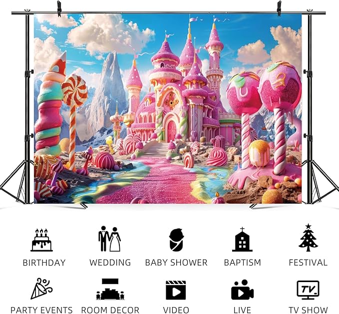 20x10ft Pink Fantasy Castle Backdrop Candy Land Sweet Candy House Photography Background Baby Shower Sweet Girl Princess Birthday Banner Decorations Kids Artistic Portrait Photo Booth Prop