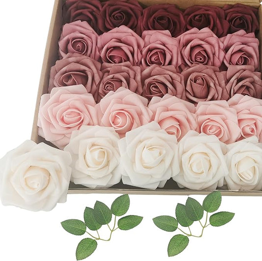 Artificial Flowers 25pcs Roses, Shade of Burgundy Foam Fake Rose Faux Flower for DIY Wedding Bouquets Bridal Shower Centerpieces Floral Arrangements Party Tables Home Decorations