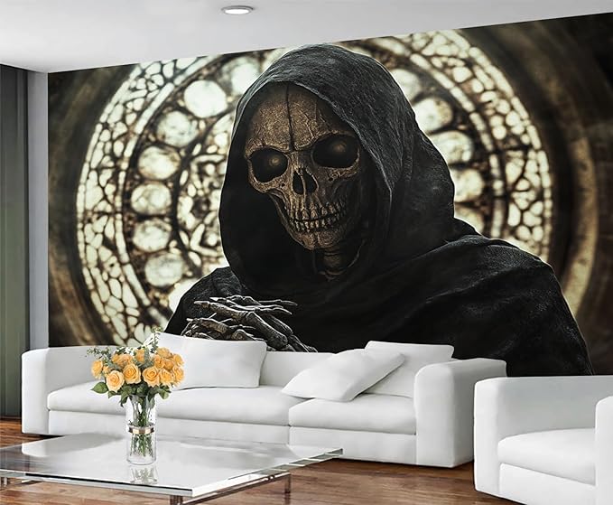 Gothic Skeleton Wall Mural, Dark Fantasy Skull 3D Wall Murals, Medieval Gothic Wallpaper Mural, for Living Room Bedroom Large Wallpaper Indoor Decor 197" W x124.8 H