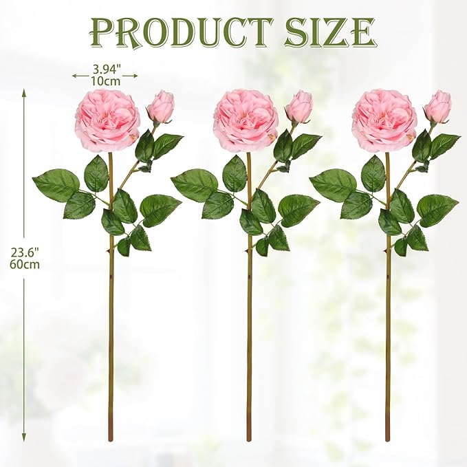 Real Touch Artificial Roses (Set of 3) – 23.6" Long Stem Pink Garden Roses – Lifelike Faux Silk Flowers for Wedding Bouquets, Home Décor, Centerpieces & Floral Arrangements