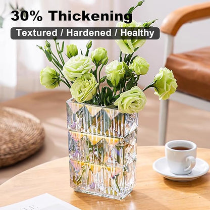 Glass Flower Vase, Clear Crystal Vases for Centerpieces, Heavy Handmade Modern Vases for Decor Home Bedroom Kitchen Office Living Room, 7.88 Inch (Clear Iridescent)