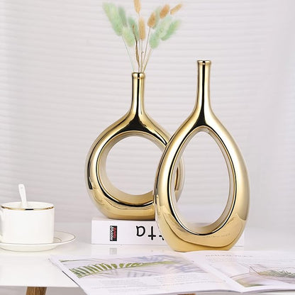 Glossy Gold Vase Ceramic Gold Vases Home Decor,Modern Minimalist Circle with Hole Decorative Vase, Hollow Ellipse Flower vases for Bookshelf, Fireplace Mantle, Centerpieces,Farmhouse,Rustic Décor