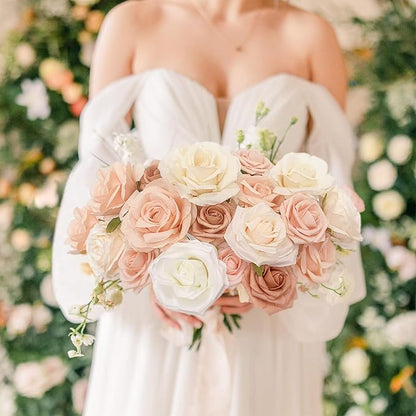 Roses Artificial Flowers Bouquet Combo Box Set Fake Flower Bulk for DIY Bridal Baby Shower Decorations Wedding Centerpieces for Table Silk Floral Arrangements Party Home Decor Indoor Peach