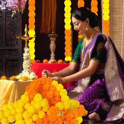 5pcs Marigold Garland for Decoration, 5 Feet Artificial Marigold Flowers Diwali Decorations for Home, Yellow and Orange Artificial Marigold Heads for Diwali Party, Indian Weddings, Halloween, Wreath