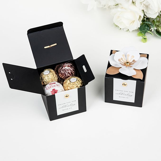 FEIYI 20 PCS Candy Boxes, 3 In 1 Black Favor Boxes with Floral Decor, White Thank You Tags Gift wrapping for Wedding Birthday Baby Shower Decorations Party -2.55x2.55x2.55''
