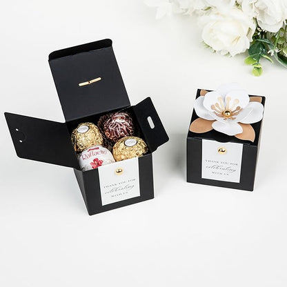 FEIYI 20 PCS Candy Boxes, 3 In 1 Black Favor Boxes with Floral Decor, White Thank You Tags Gift wrapping for Wedding Birthday Baby Shower Decorations Party -2.55x2.55x2.55''