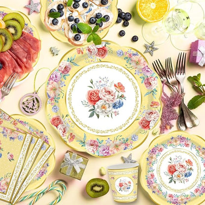 140Pcs Tea Party Decorations Tableware Set Floral Plates and Napkins for Birthday Party, Baby Showers, Bridal Showers, Wedding Bachelorette Party Supplies Floral Tea Party Plates, Serves 20 (Yellow)