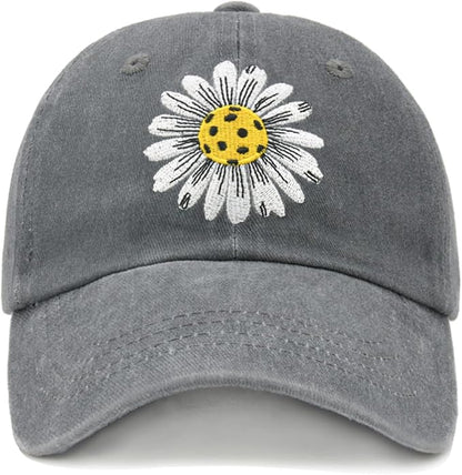 Waldeal Pickleball Hat for Women, Ajustable Embroidered Daisy Washed Denim Baseball Cap