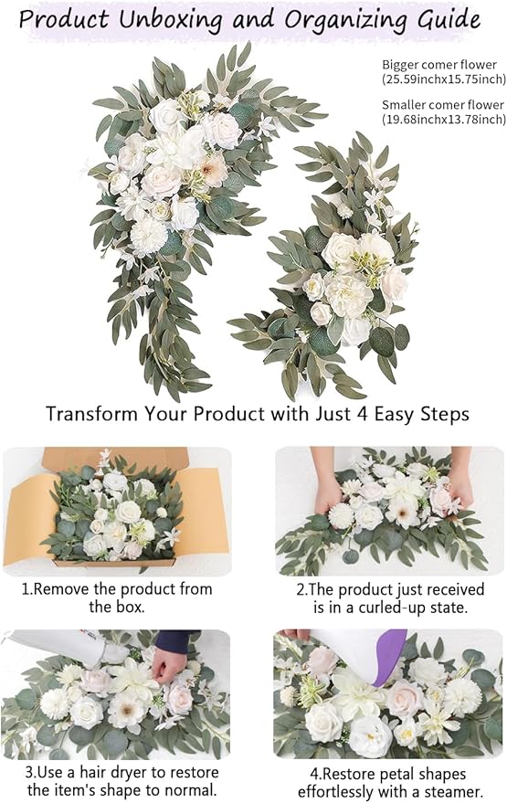 Wedding Arch Faux Flowers Set of 2 Greenery Garland for Wedding Decor Ceremony and Reception Backdrop Decoration (White)