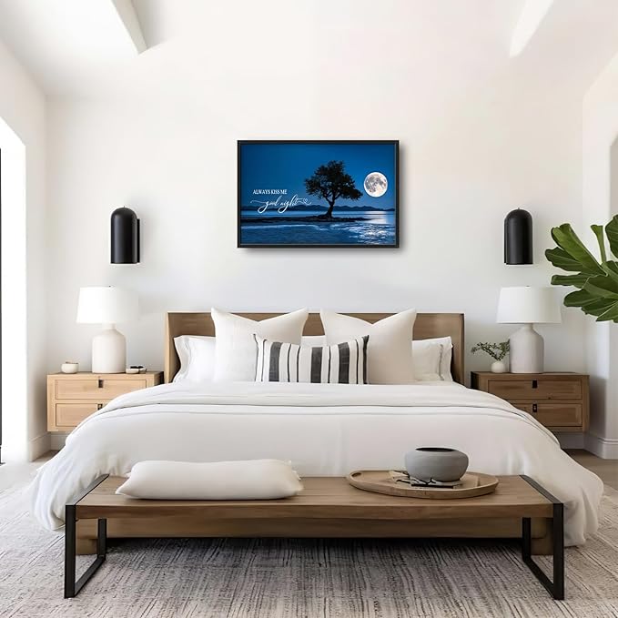 Bedroom Large Wall Art Moon Tree Landscape Pictures Wall Decor Always Kiss Me Goodnight Sign Canvas Prints blue night poster Framed Artwork Decoration above over Bed for Love Living Room 36"x24"