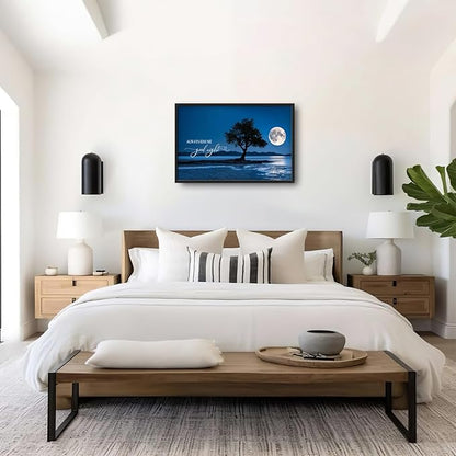 Bedroom Large Wall Art Moon Tree Landscape Pictures Wall Decor Always Kiss Me Goodnight Sign Canvas Prints blue night poster Framed Artwork Decoration above over Bed for Love Living Room 36"x24"