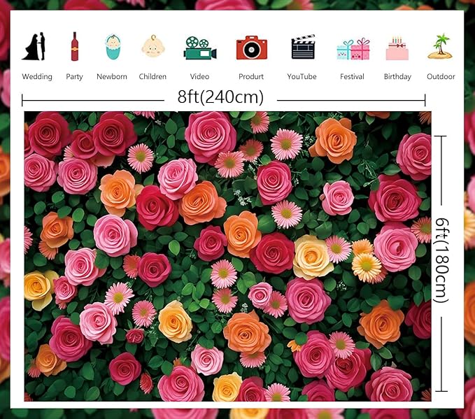 Flowers Backdrop for Photography Colorful Rose Floral Green Leaf Wall Backdrop for Valentine's Day Wedding Bridal Shower Birthday Party Decoration Supplies (94X70 inch (8x6FT))