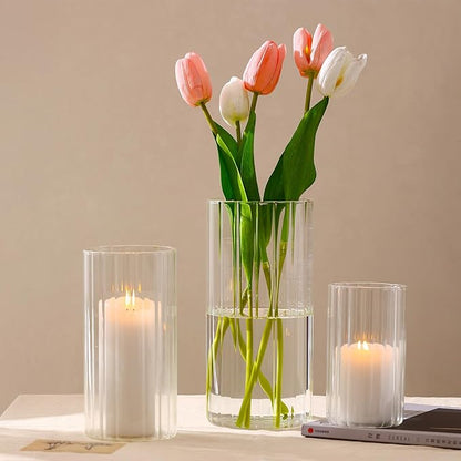 PHOSPHOR 6 PCS Ribbed Glass Candle Holder, Cylinder Candle Holders for Pillar Candles, Clear Glass Hurricane Candle Holders 6'', 8'', 10'' Glass Cylinder Centerpieces Vases