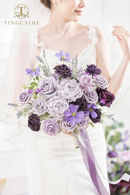 TINGE TIME 11 Inch Wedding Bouquets for Bride, Lavender&Plum Artificial Flowers Bouquet, Brides & Bridesmaids Bouquet for Wedding Anniversary Ceremony Bridal Shower Decorations