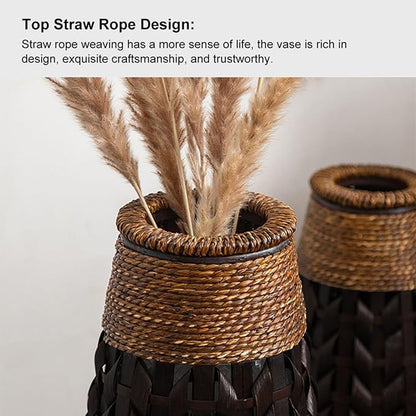 28.9''H Rustic Tall Woven Bamboo & Rattan Floor Vase – Decorative Standing Accent Vase for Dried or Silk Flowers, Farmhouse & Boho Home Decor for Living Room or Entryway (Black & Brown, Large)