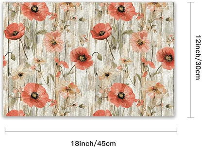 Placemats Set of 4 Waterproof Oilproof Table Mats Vintage Poppy Flowers Washable Wipeable Heat Resistant Easy to Clean for Indoor Outdoor Party Kitchen Dining Table Decoration 12 * 18in