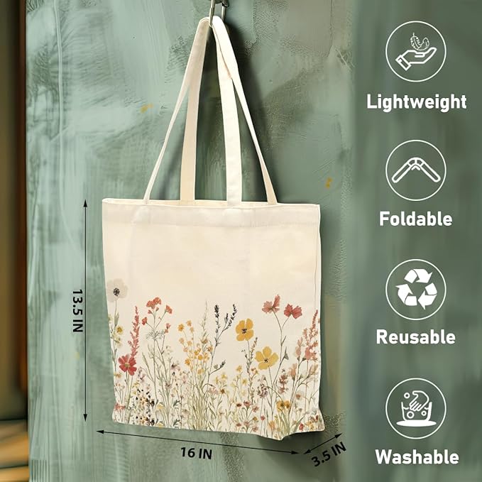 Aesthetic Floral Canvas Tote Bag for Women with Pocket, Tote Bags for Grocery Shopping Travel Christmas Birthday