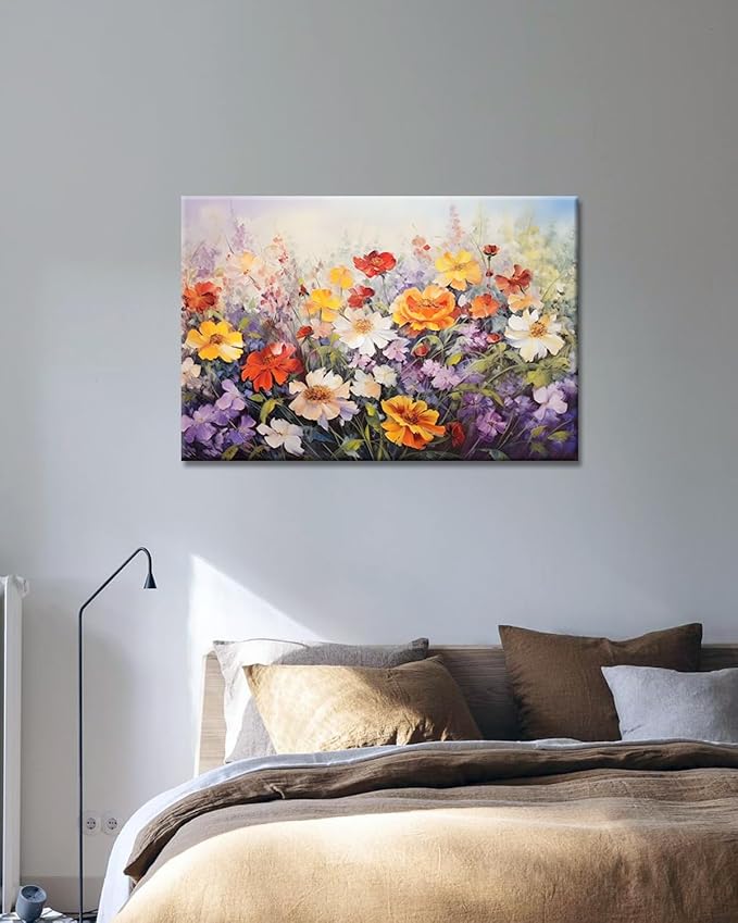 GLOKAKA Flowers Wall Art Colorful Landscape Lush Wildflowers Painting Print on Canvas Purple Yellow Floral Daisy Flower Picture for Home Bedroom Office Decor (Lush Flowers, 36"x24")