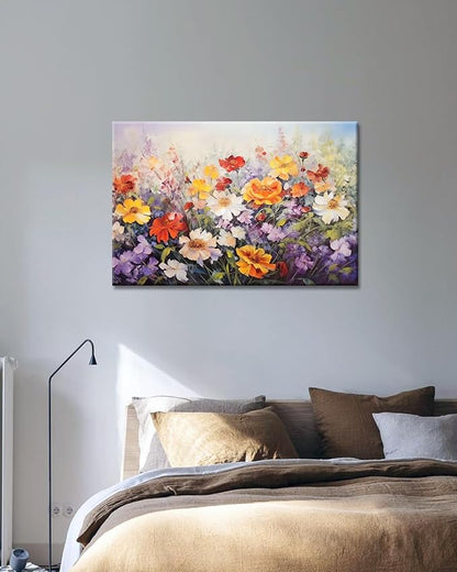 GLOKAKA Flowers Wall Art Colorful Landscape Lush Wildflowers Painting Print on Canvas Purple Yellow Floral Daisy Flower Picture for Home Bedroom Office Decor (Lush Flowers, 18"x12")