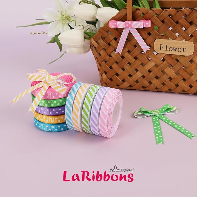 LaRibbons 3/8 Inch 100 Yards Grosgrain Ribbon Set 10 Yd/Roll 10 Rolls Striped and Polka Dot Spring Easter Craft Ribbon for Gift Wrapping Floral Bouquets Wedding Party Decoration