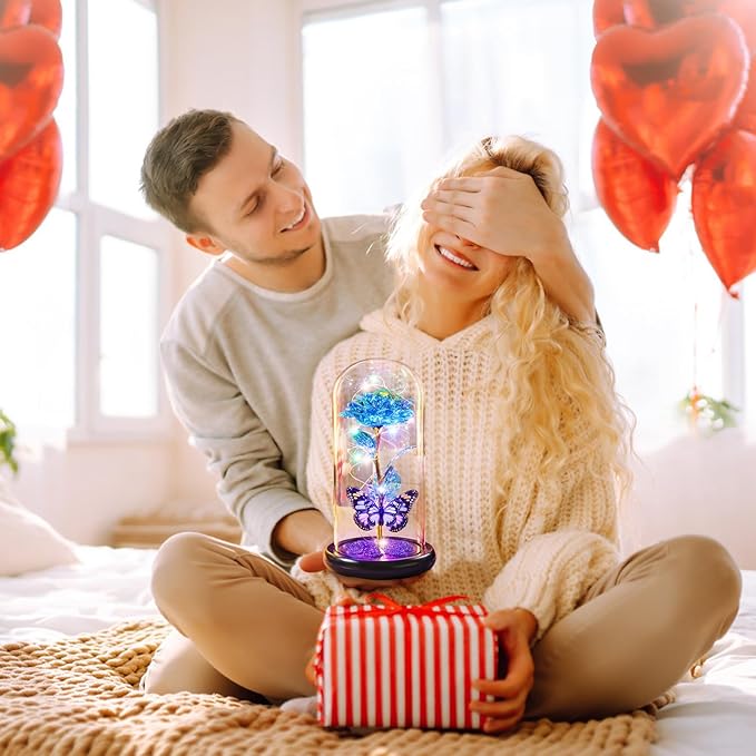 Pusuny Christmas Rose Gifts for Women Galaxy Glass Rose Forever Eternal Crystal Flower Birthday Gift Light Up Roses in Glass Dome with Butterfly Xmas Gifts for Women Mom Grandma Wife Her Sister Blue