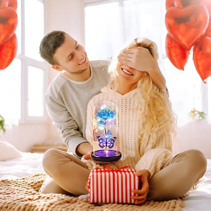 Pusuny Christmas Rose Gifts for Women Galaxy Glass Rose Forever Eternal Crystal Flower Birthday Gift Light Up Roses in Glass Dome with Butterfly Xmas Gifts for Women Mom Grandma Wife Her Sister Blue