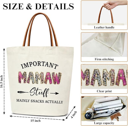 Canvas Tote Bag for Women, Important Stuff Bag with Leather Handle, Reusable Grocery Bags for Shopping Beach Travel