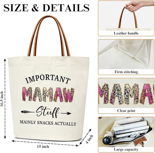 Canvas Tote Bag for Women, Important Stuff Bag with Leather Handle, Reusable Grocery Bags for Shopping Beach Travel