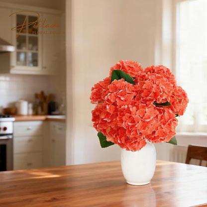 A Bunch 21in, Real Touch Hydrangea Artificial Flowers, with 5pcs Flower Head 8pcs Leaves, Faux Hydrangea Flowers for Home Office Decor Wedding Party Arrangements (2, Orange-red)